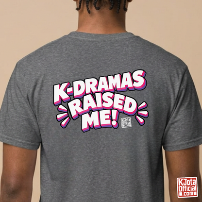 man wearing a gray t-shirt with 'K-dramas raised me' text printed on the back by K-Jota for Korean show life lesson fans