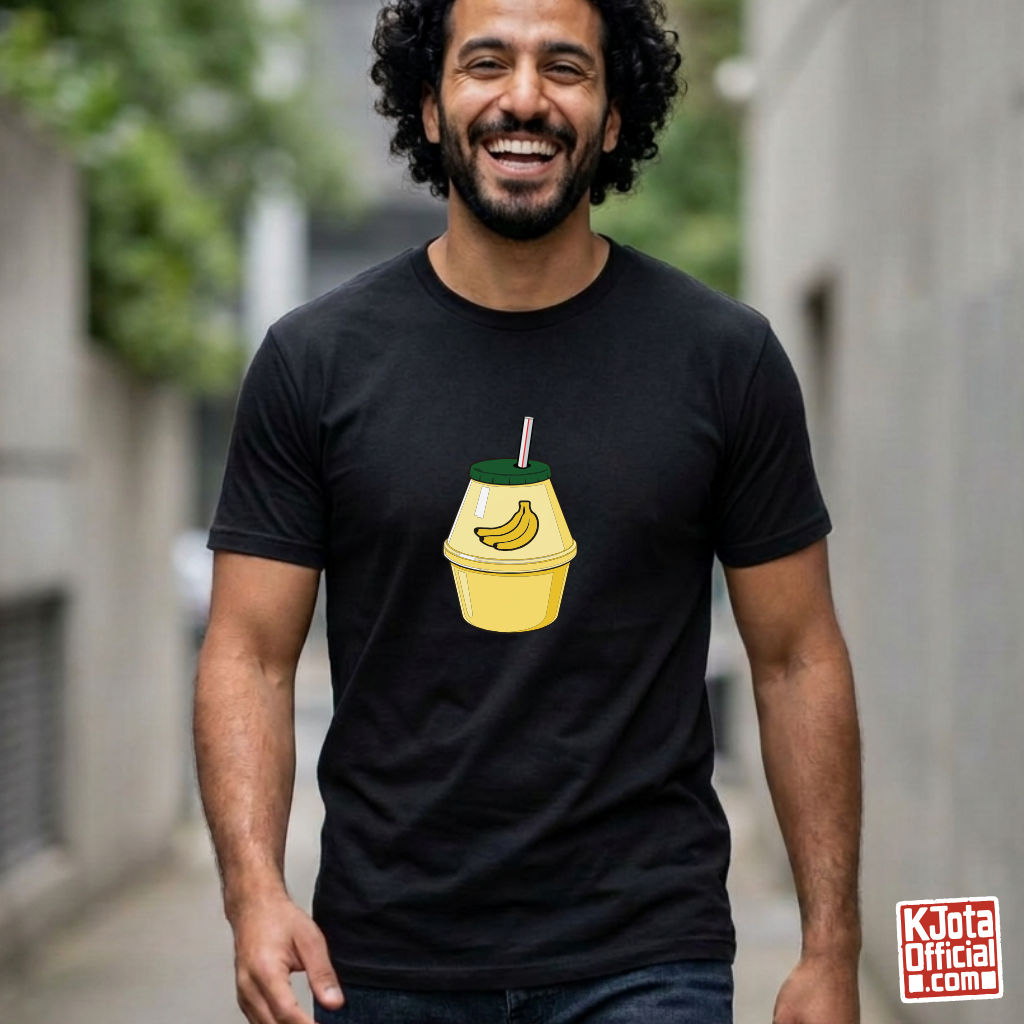 man wearing a cartoon illustration of iconic Korean banana milk on black t-shirt by K-Jota