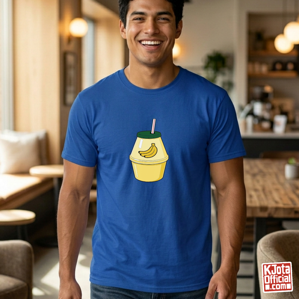 man wearing a cartoon illustration of iconic Korean banana milk on blue t-shirt by K-Jota