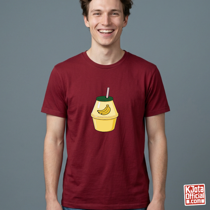 man wearing a cartoon illustration of iconic Korean banana milk on red t-shirt by K-Jota