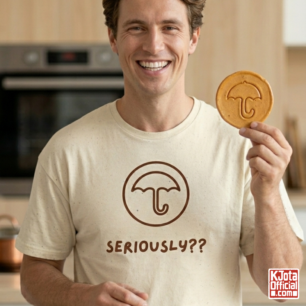 man wearing a beige t-shirt with Dalgona candy umbrella design inspired by Squid Game Korean street snack honeycomb candy. K-fandom merch by K-Jota