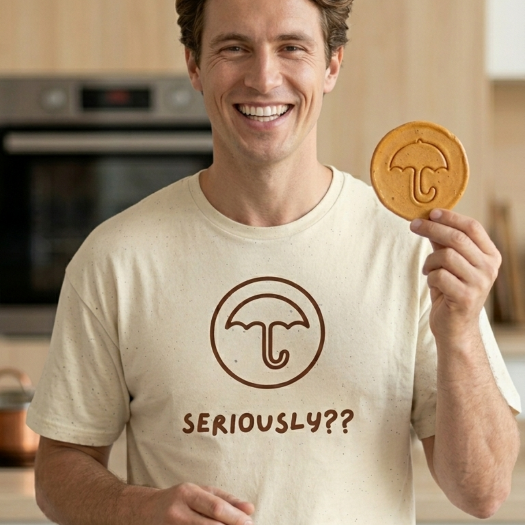 man wearing Dalgona candy umbrella design inspired by Squid Game Korean street snack honeycomb candy on beige t-shirt by K-Jota