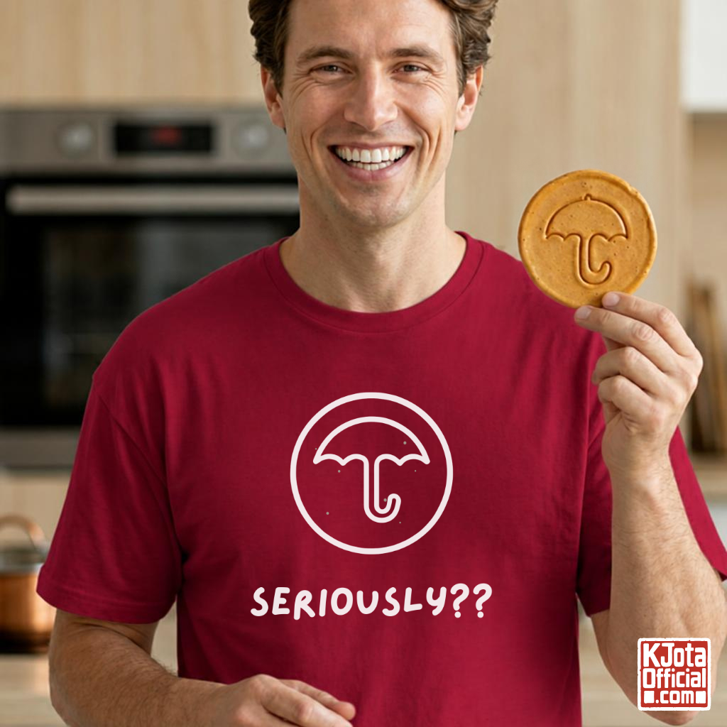 man wearing a red t-shirt with Dalgona candy umbrella design inspired by Squid Game Korean street snack honeycomb candy. K-fandom merch by K-Jota