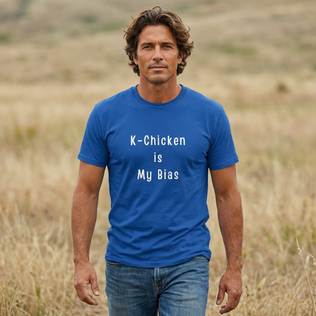man wearing Korean fried chicken fan blue t-shirt by Kjota