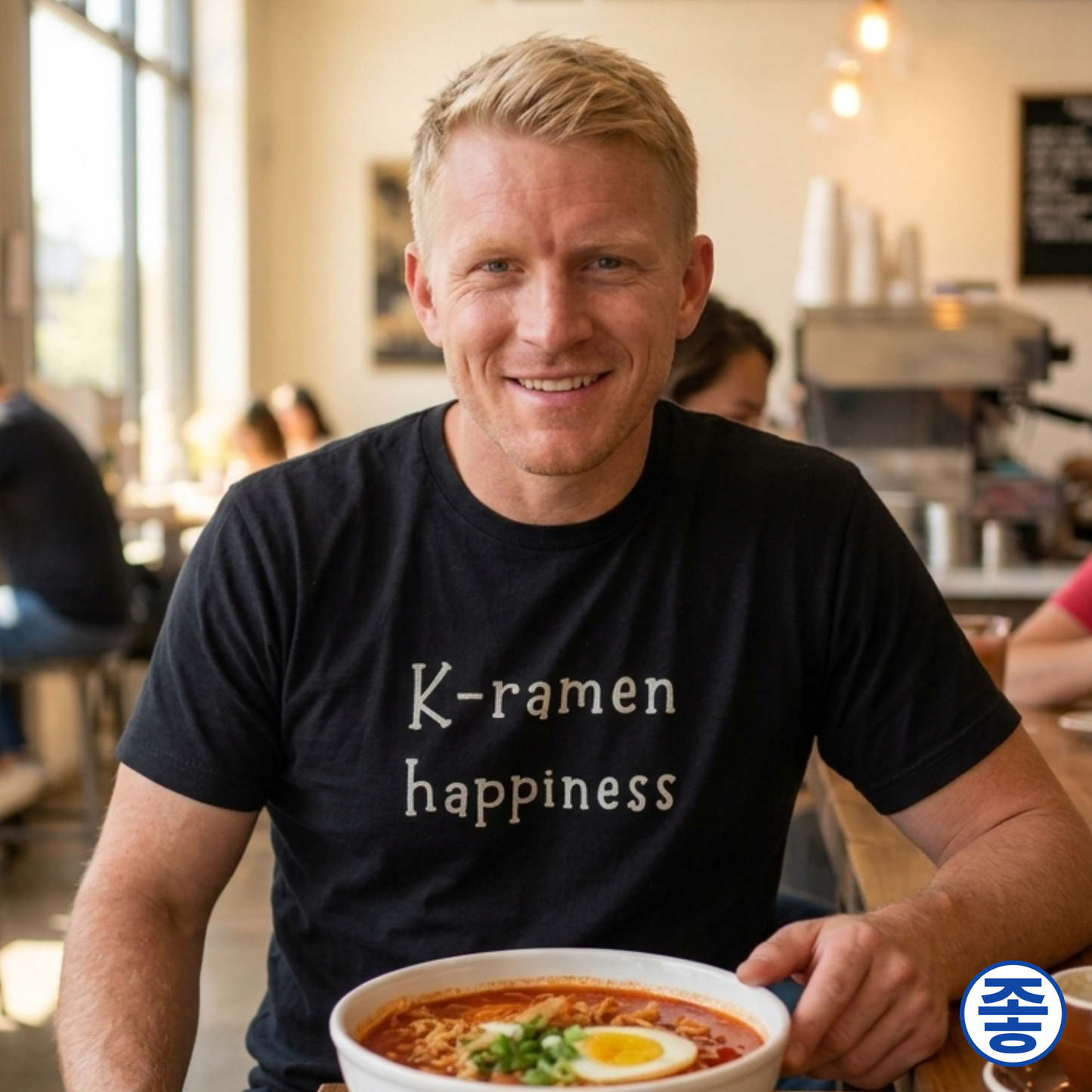man sitting at a cafe and wearing “K-ramen happiness” Korean food fan t-shirt black by Kjota