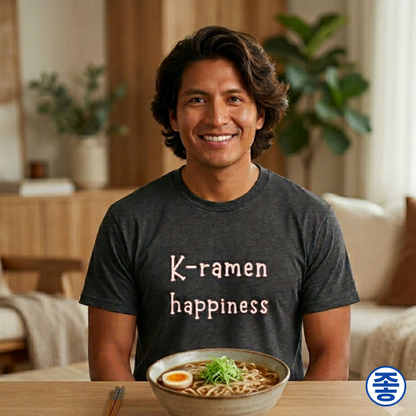 man sitting at home kitchen table and wearing “K-ramen happiness” Korean food fan t-shirt gray by Kjota