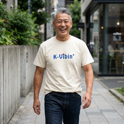 man wearing K-Vibin’ beige t-shirt K-fandom Korea love vibe Kjota