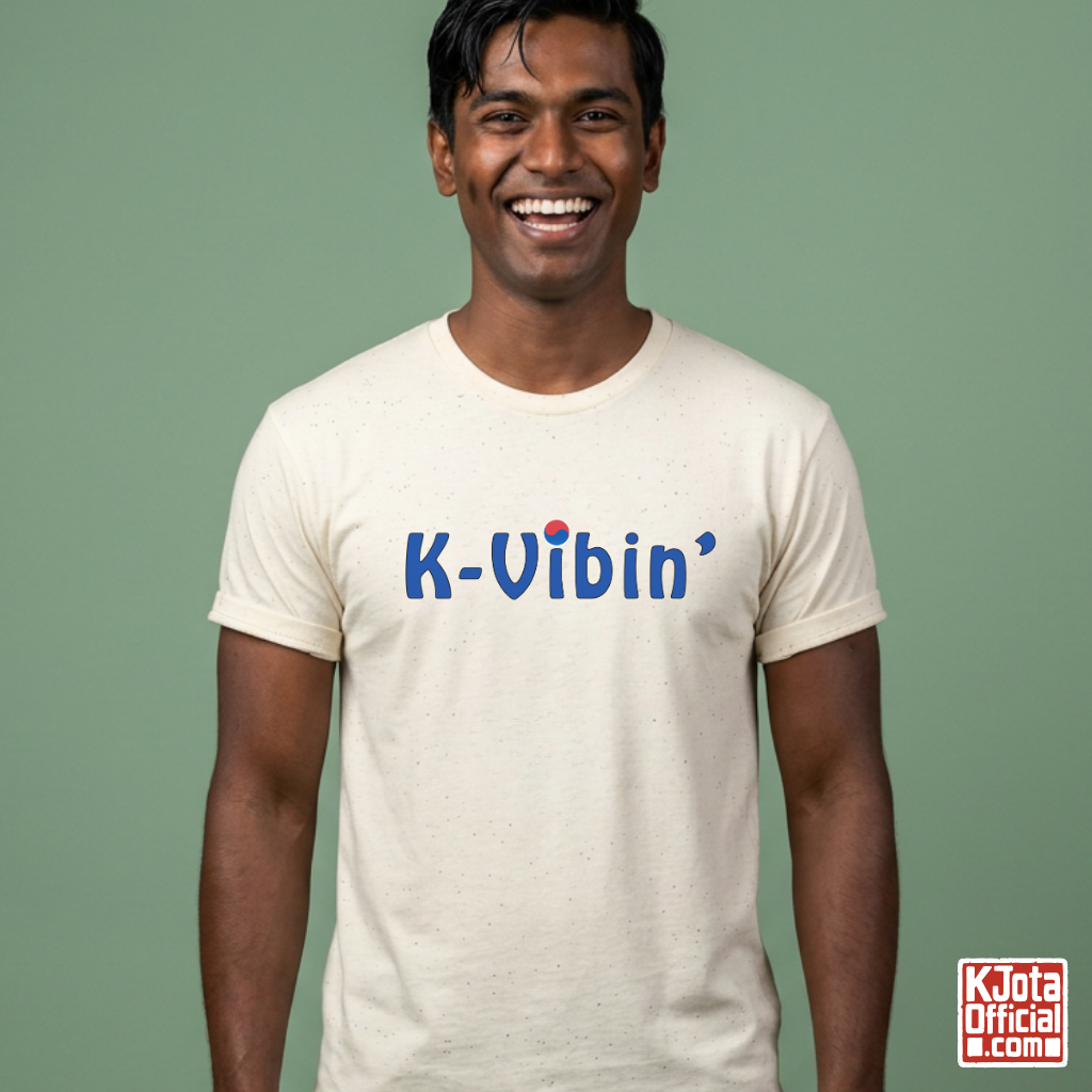 man wearing “K-Vibin’” printed on front of beige t-shirt South Korea pop culture hallyu fandom love by K-Jota