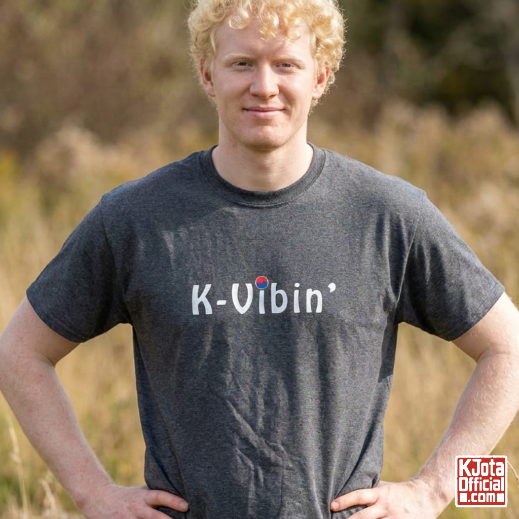 man wearing “K-Vibin’” printed on front of gray t-shirt South Korea pop culture hallyu fandom love by K-Jota