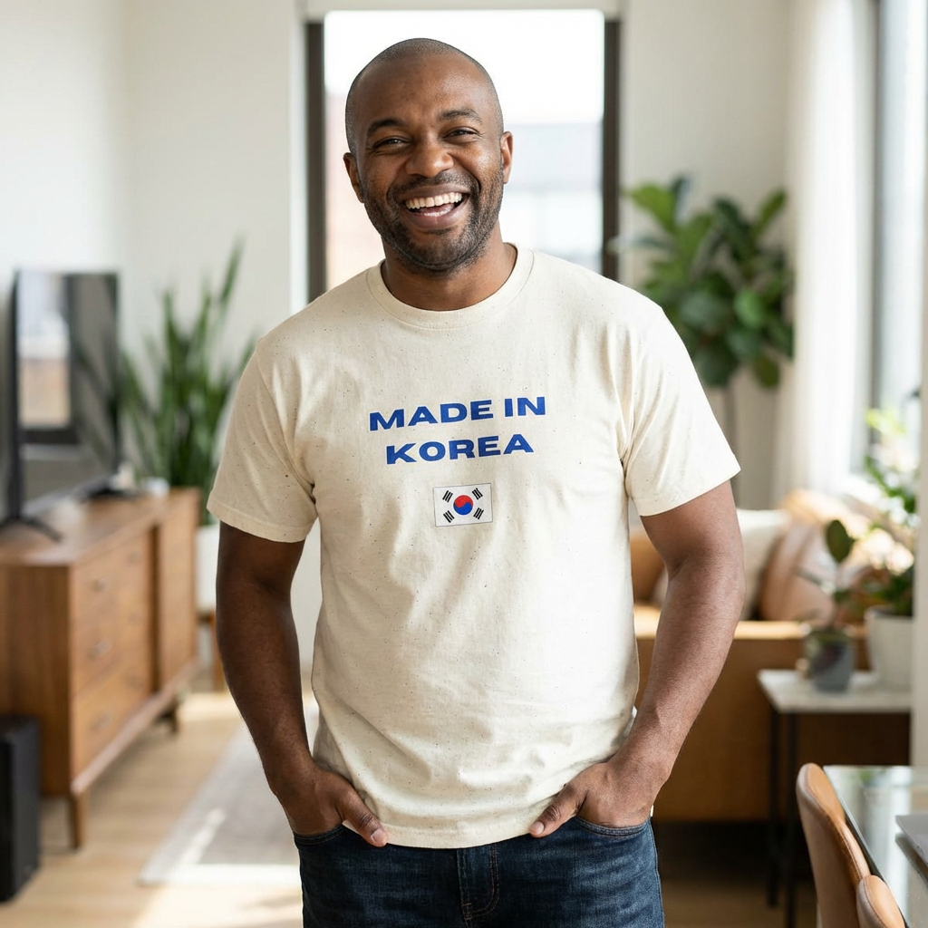 man wearing a beige t-shirt with “Made in Korea” text and South Korean flag, K-fandom apparel by Kjota