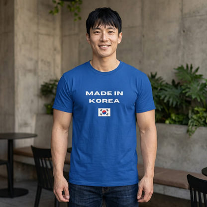 man wearing a blue t-shirt with “Made in Korea” text and South Korean flag, K-fandom apparel by Kjota