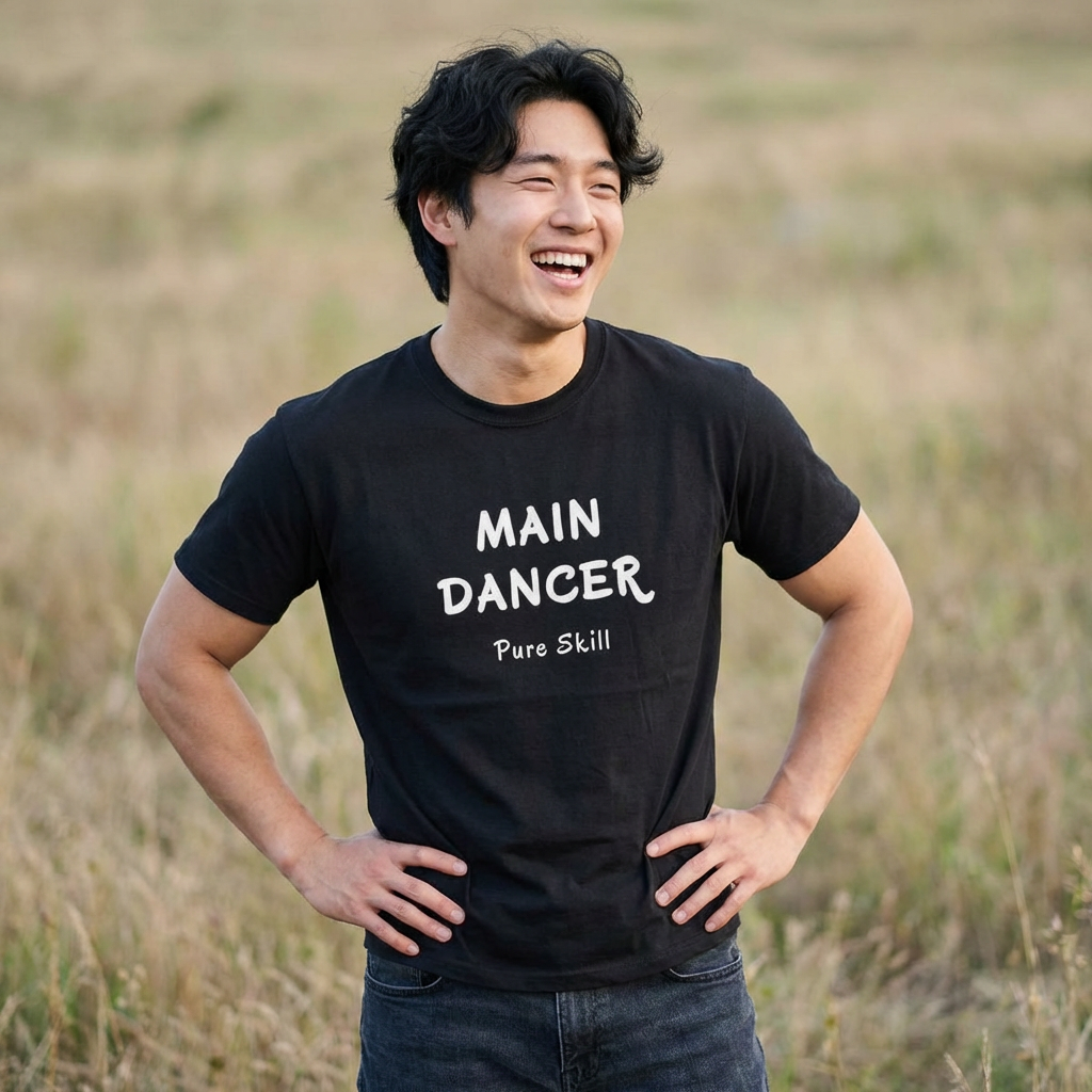 man wearing main dancer K-pop fan t-shirt black by Kjota