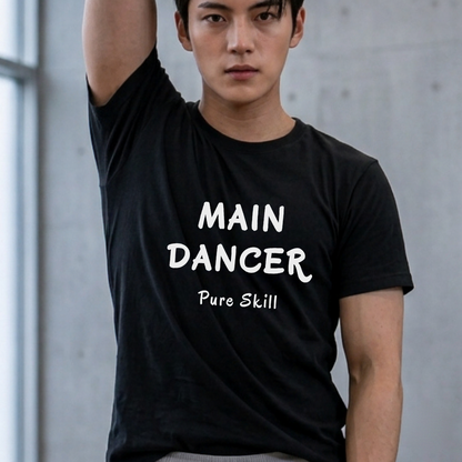 man wearing a K-pop group member role fan black t-shirt with “Main dancer Pure Skill” printed on front. K-pop fan cotton tee by Kjota