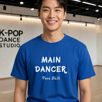 man wearing a K-pop group member role fan blue t-shirt with “Main dancer Pure Skill” printed on front. K-pop fan cotton tee by Kjota