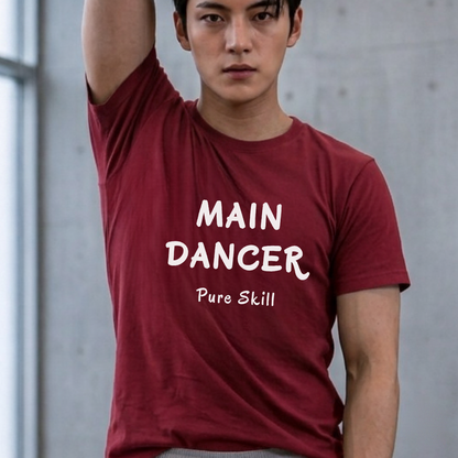 man wearing a K-pop group member role fan red t-shirt with “Main dancer Pure Skill” printed on front. K-pop fan cotton tee by Kjota