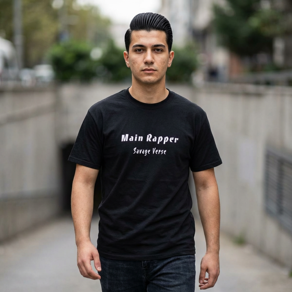 man wearing main rapper savage verse K-pop fan t-shirt black by Kjota