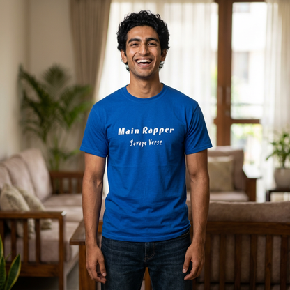 Man wearing main rapper savage verse K-pop fan t-shirt blue by Kjota