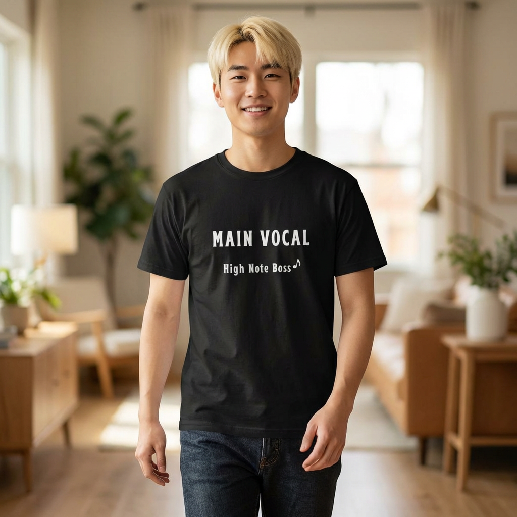 man wearing main vocal high note K-pop fan t-shirt black by Kjota
