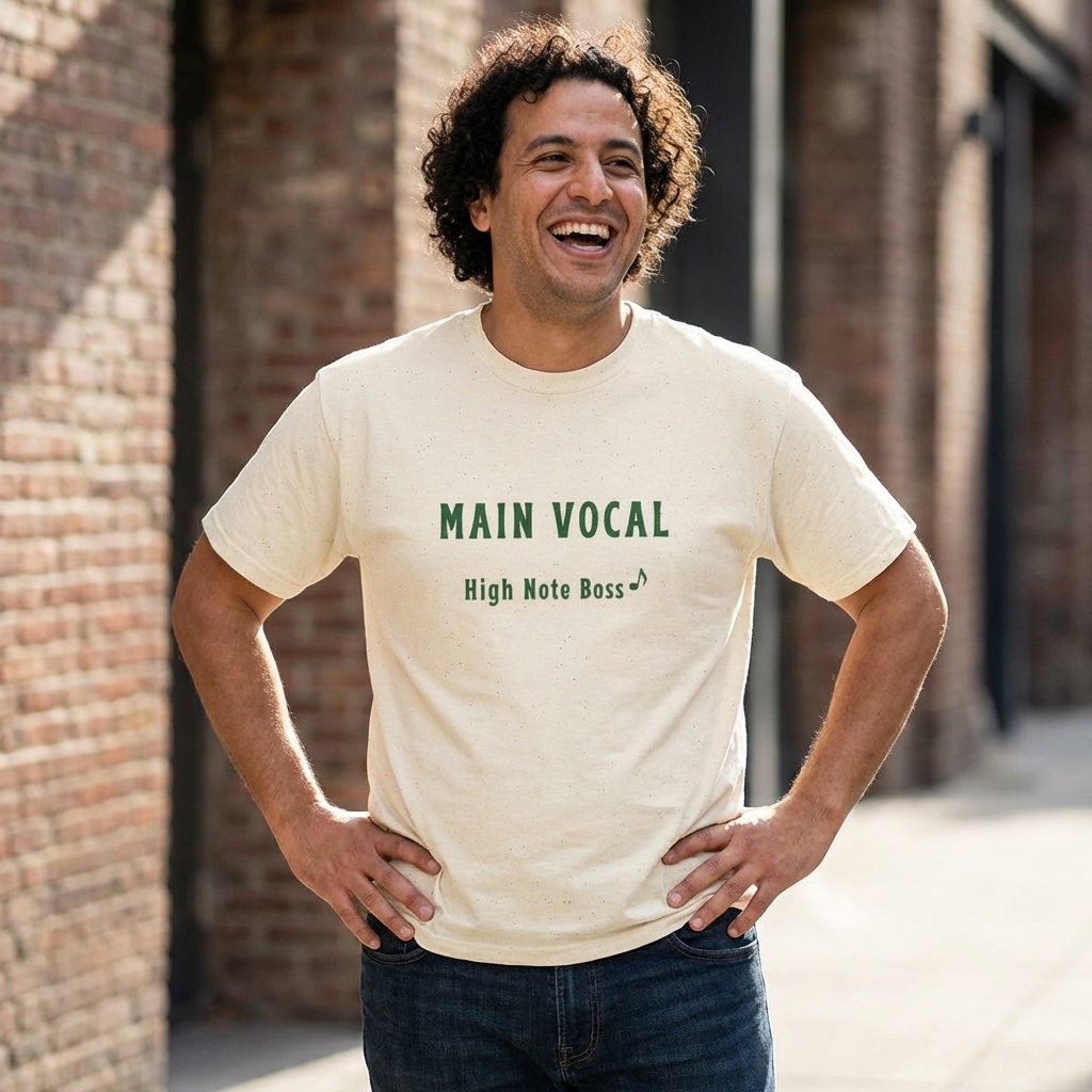 man wearing main vocal high note K-pop fan t-shirt offwhite by Kjota