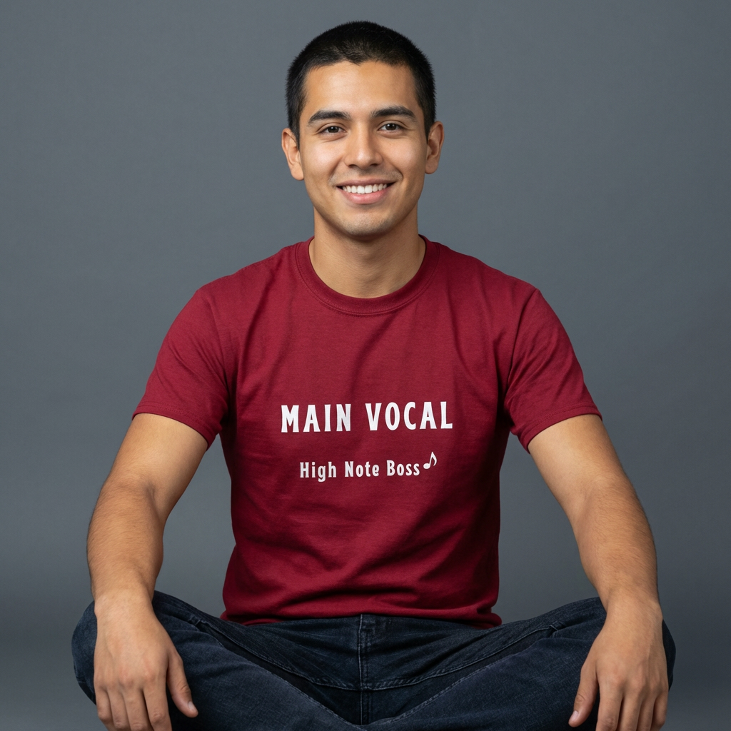 man wearing main vocal high note K-pop fan t-shirt red by Kjota