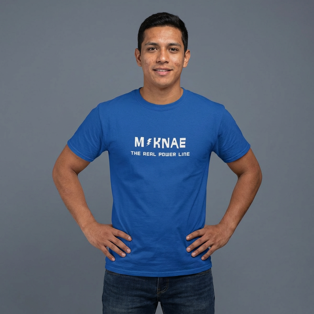 man wearing “Maknae the real power line” youngest member K-pop fan t-shirt blue by Kjota