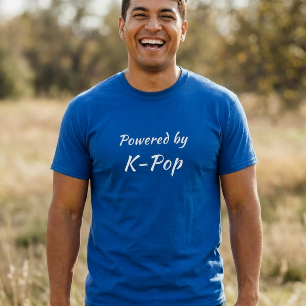 A man smiling outdoors wearing a bright blue t-shirt with 'Powered by K-Pop' printed in white script across the chest by Kjota