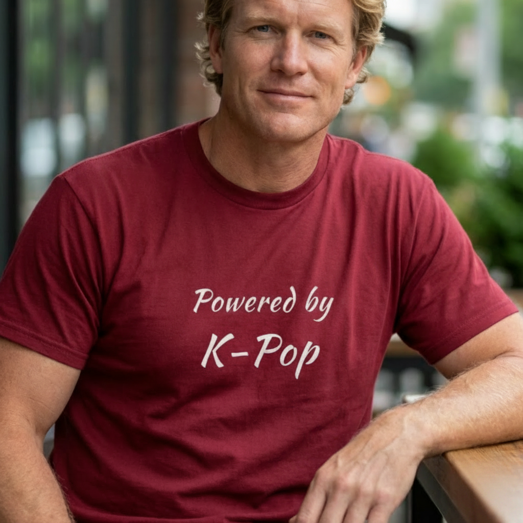 A man wearing a red t-shirt with the white text 'Powered by K-Pop' printed on the chest, set against a blurred outdoor background by Kjota