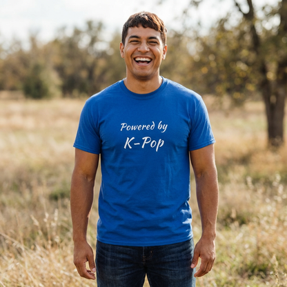 man wearing Powered by K-pop fan t-shirt blue by Kjota