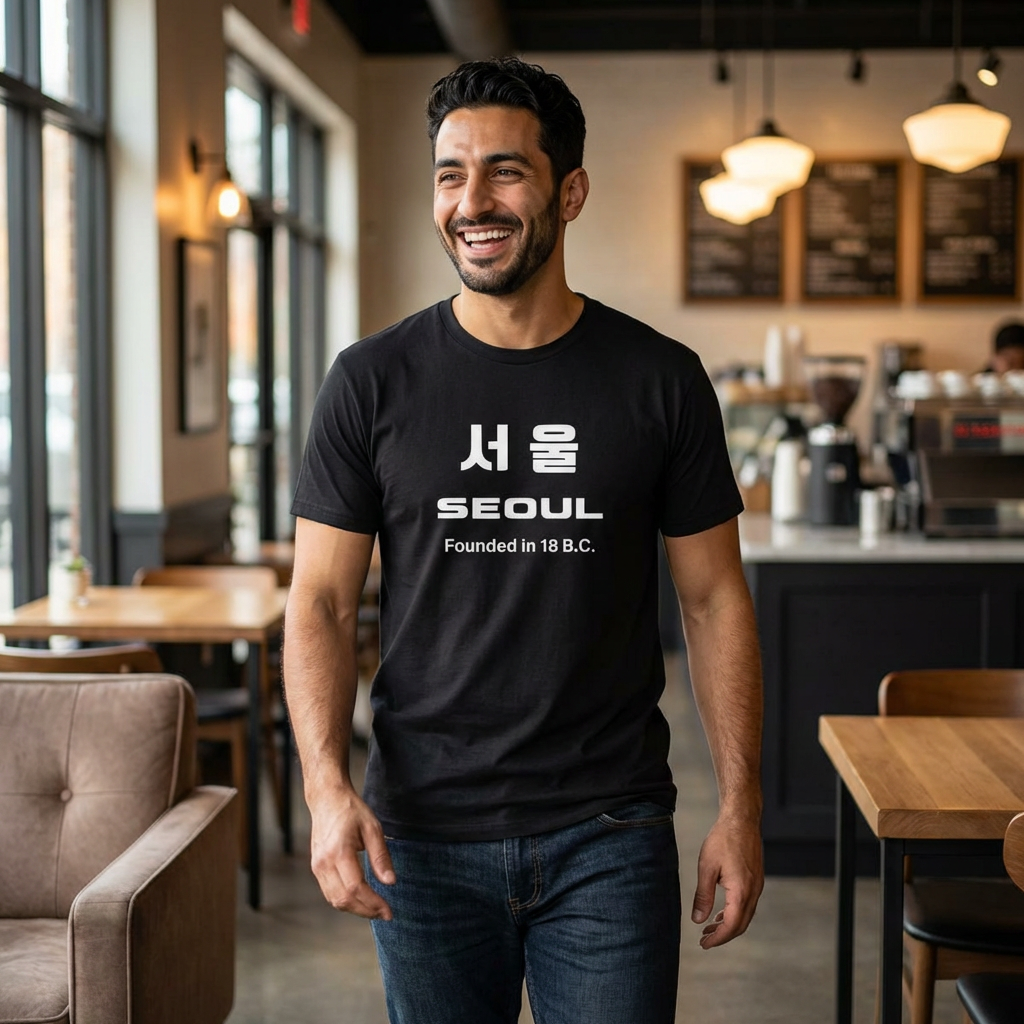 man wearing Seoul Korea founded in 18 BC travel Korean city black travel t-shirt