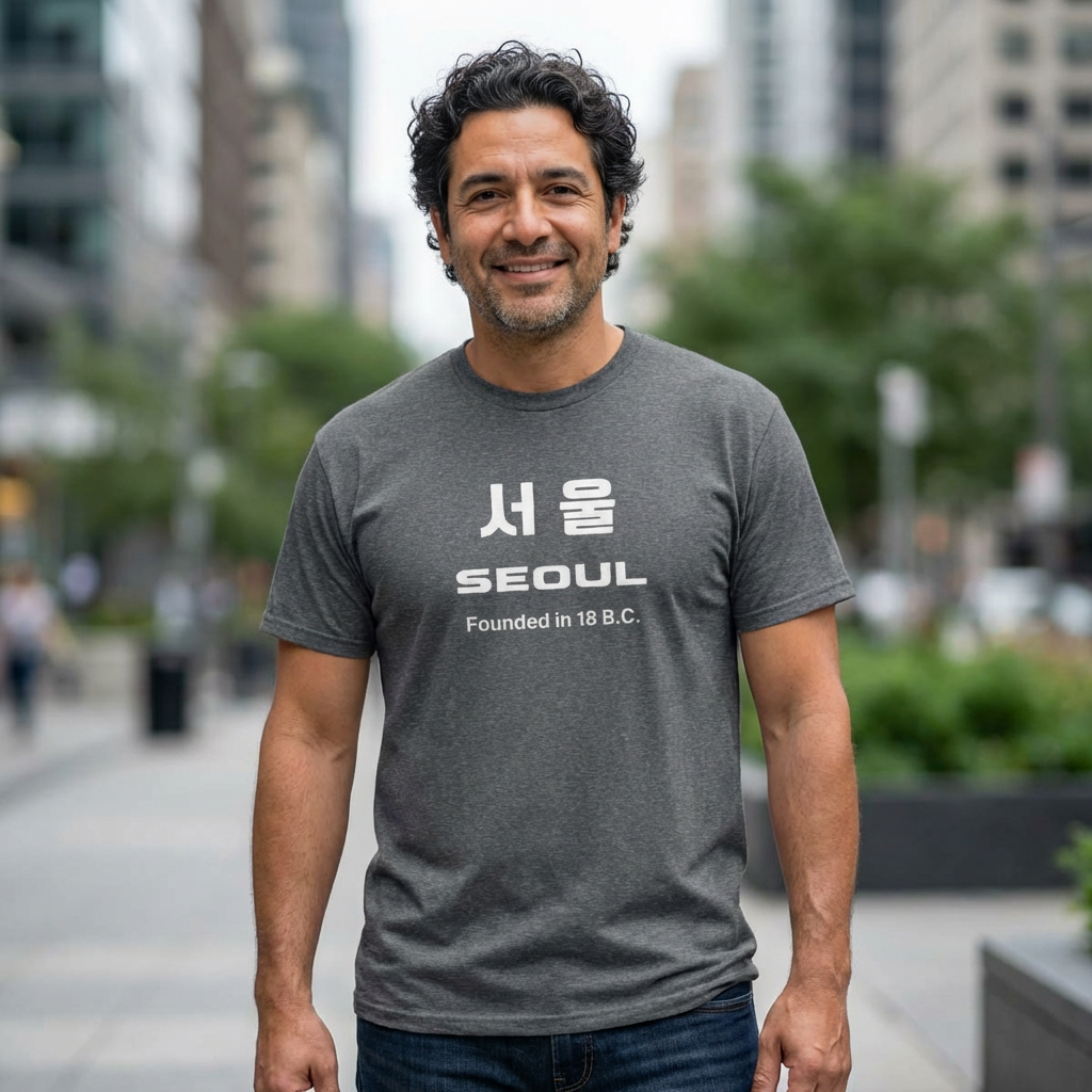 man wearing Seoul Korea founded in 18 BC travel Korean city gray travel t-shirt