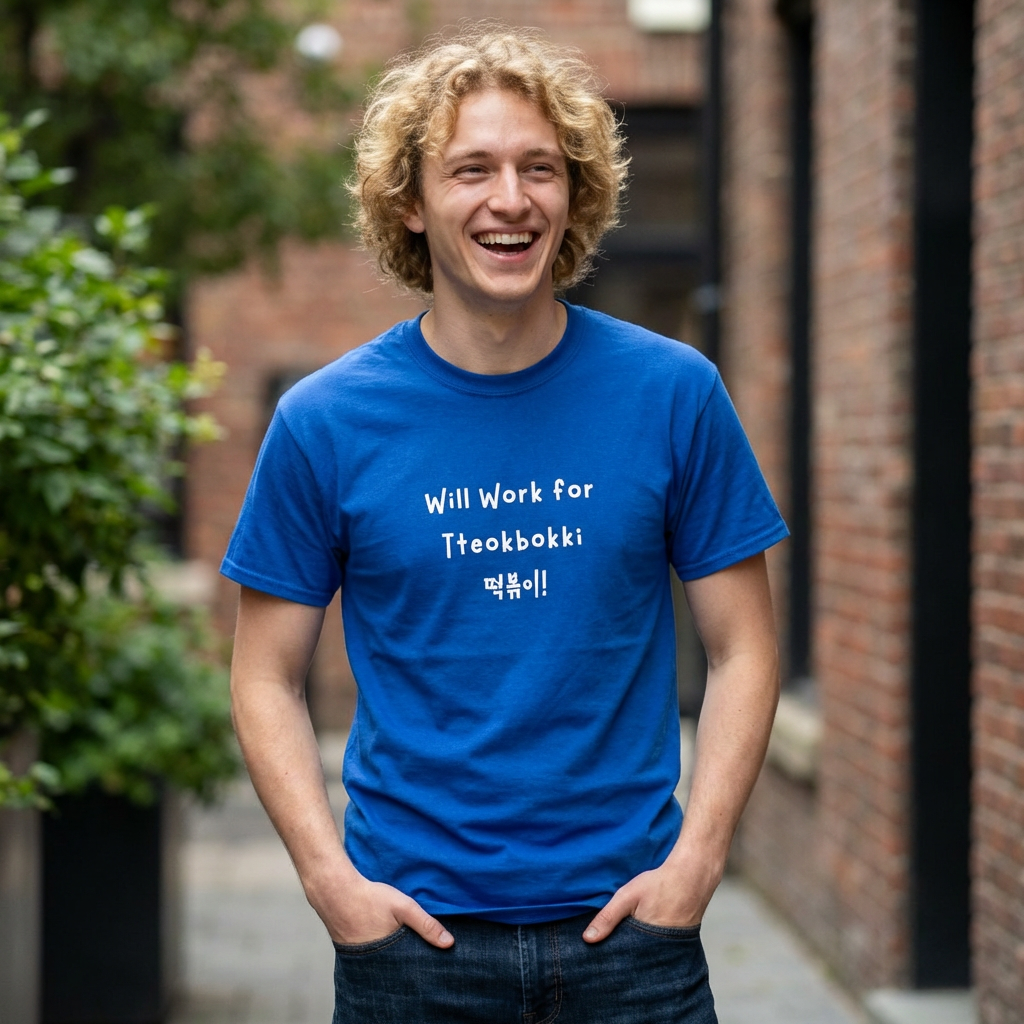 man wearing “will work for tteokbokki” Korean street food fan blue t-shirt by Kjota