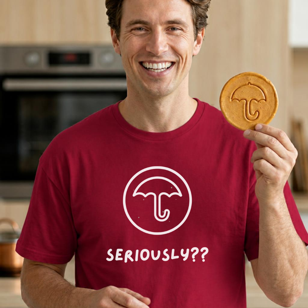 man wearing Dalgona candy umbrella design inspired by Squid Game Korean street snack honeycomb candy on red t-shirt by K-Jota