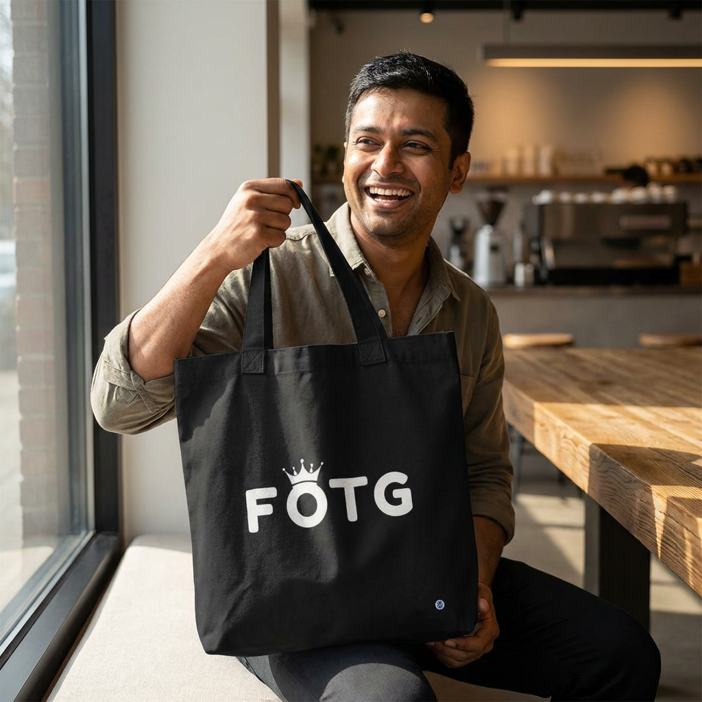 mane with FOTG Face of the Group K-Pop fan black canvas tote bag for photocard trading events by Kjota
