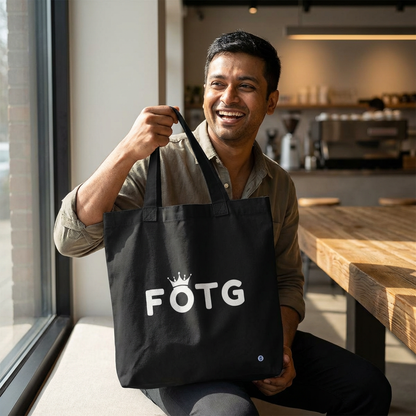 mane with FOTG Face of the Group K-Pop fan black canvas tote bag for photocard trading events by Kjota