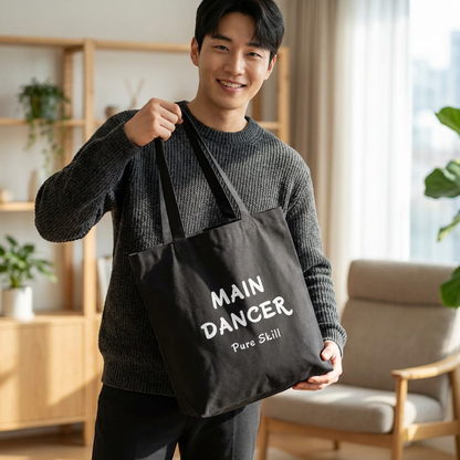 man with Main dancer K-pop fan black canvas tote bag for photocard trading events by Kjota