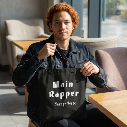 man with Main rapper savage verse K-pop fan black canvas tote bag for photocard trading events by Kjota