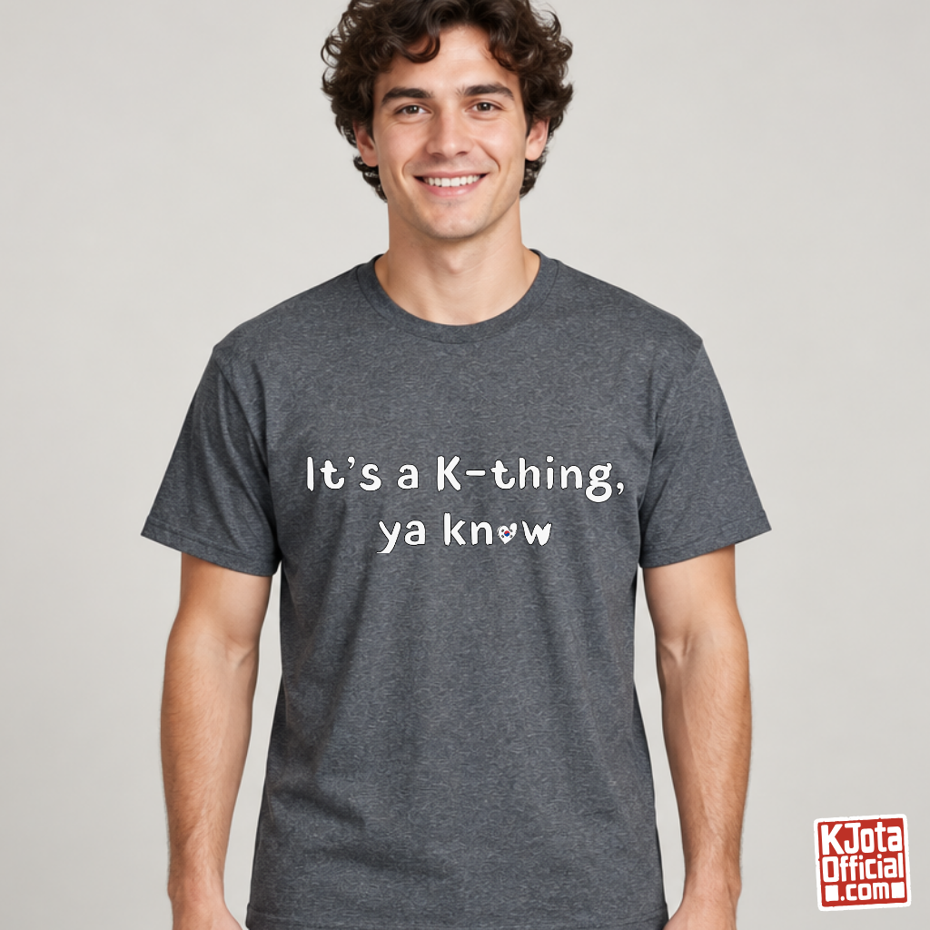 man wearing “It’s a K-thing, Ya Know” printed on gray t-shirt by K-Jota