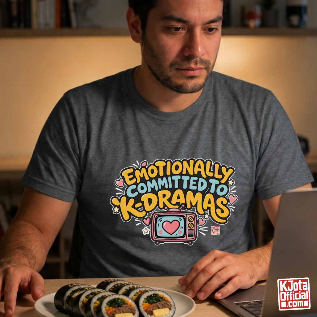 man wearing “Emotionally Committed to K-dramas” printed on front of gray t-shirt, Korean show binge watching outfit by K-Jota