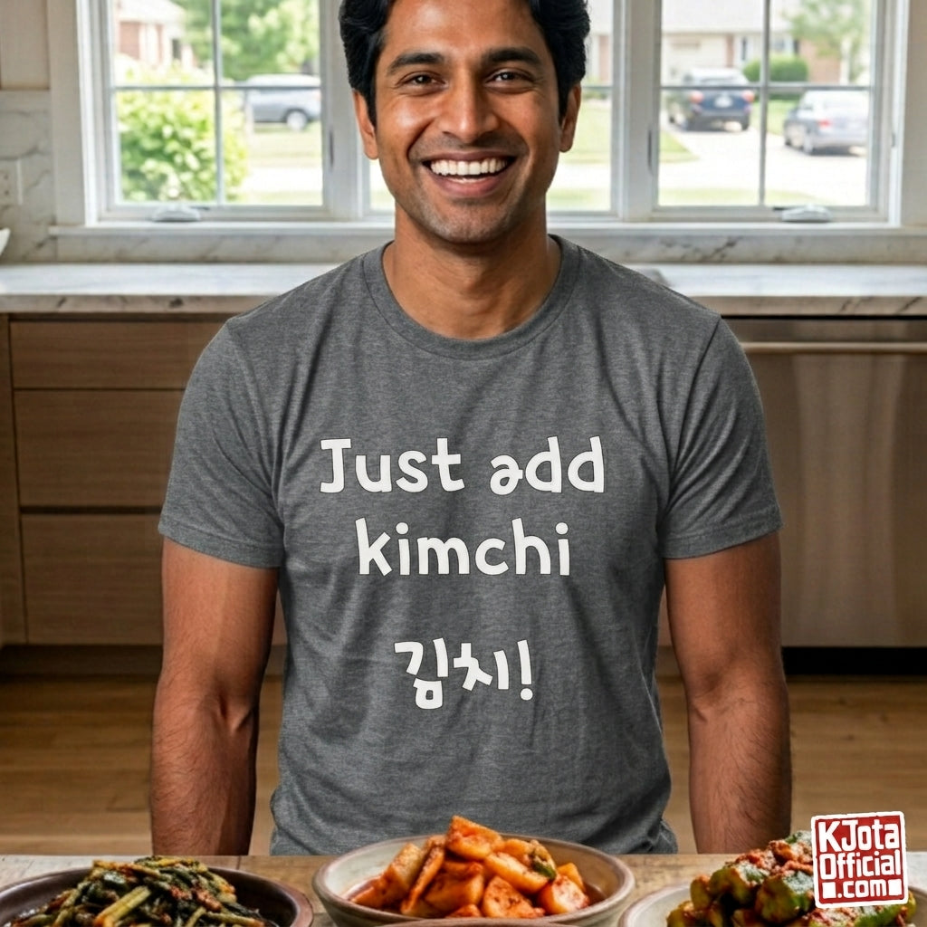man wearing a gray t-shirt with “Just add kimchi” printed on front by K-Jota