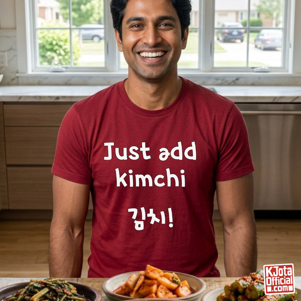 man wearing a red t-shirt with “Just add kimchi” printed on front by K-Jota