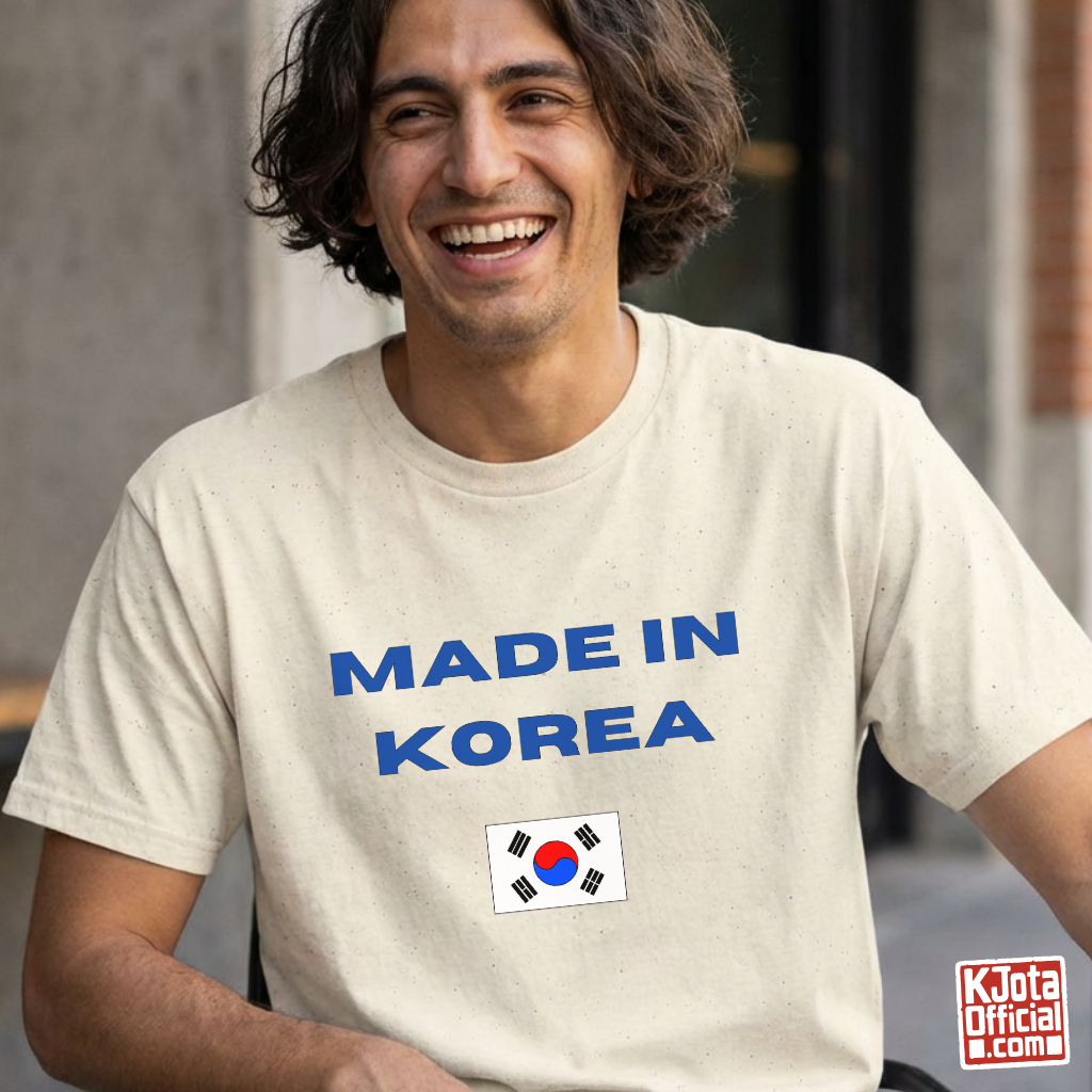 man wearing a beige t-shirt with “Made in Korea” text and South Korean flag, K-fandom apparel by K-Jota