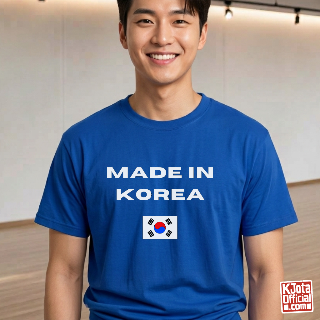 man wearing a blue t-shirt with “Made in Korea” text and South Korean flag, K-fandom apparel by K-Jota
