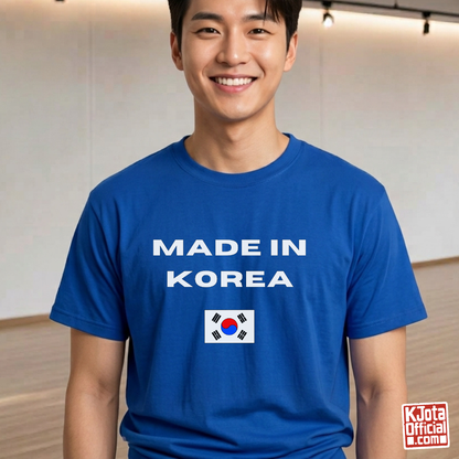 man wearing a blue t-shirt with “Made in Korea” text and South Korean flag, K-fandom apparel by K-Jota