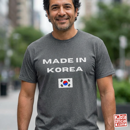 man wearing a gray t-shirt with “Made in Korea” text and South Korean flag, K-fandom apparel by K-Jota