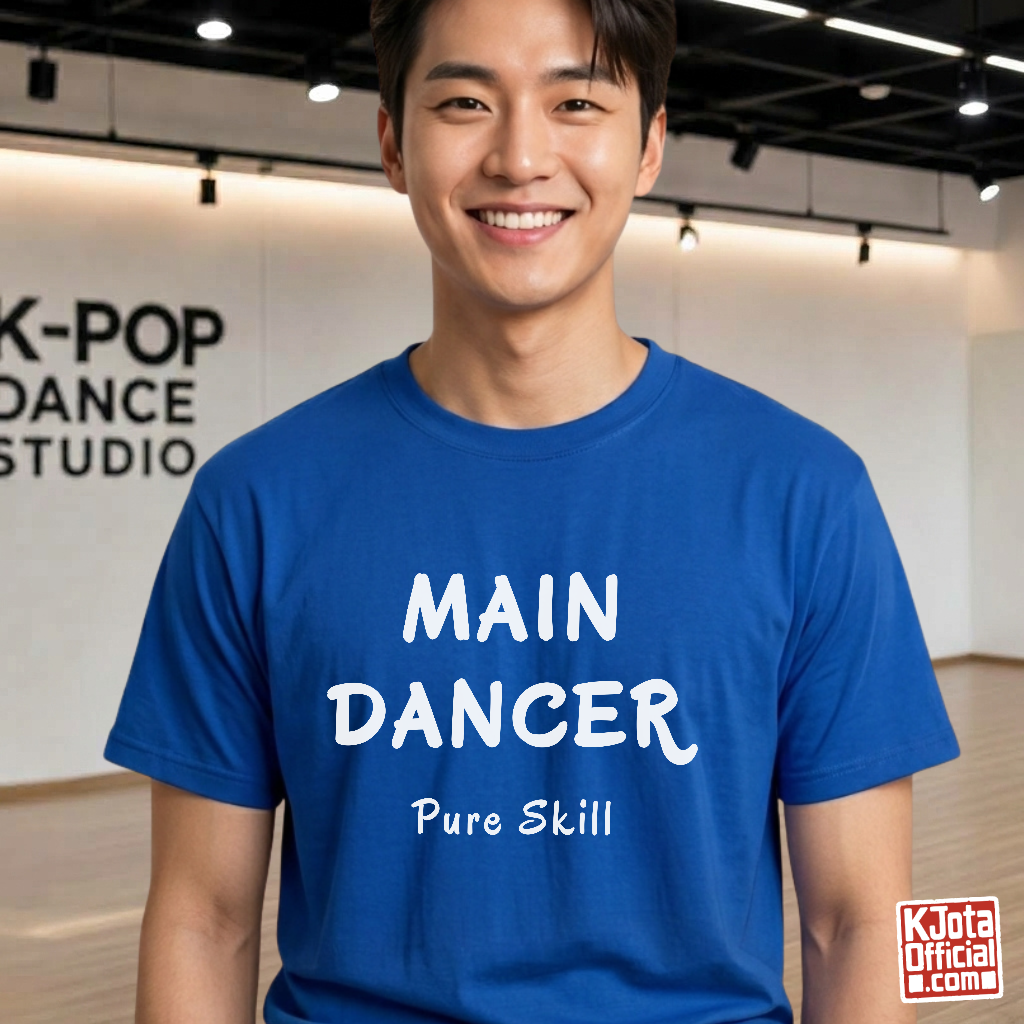 man wearing a K-pop group member role t-shirt with “Main Dancer Pure Skill” printed on front. Blue tee by K-Jota