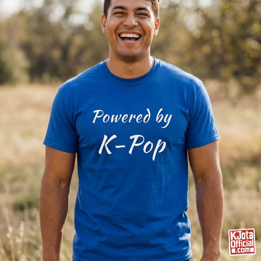 man wearing “Powered by K-Pop” blue t-shirt made for stans by K-Jota