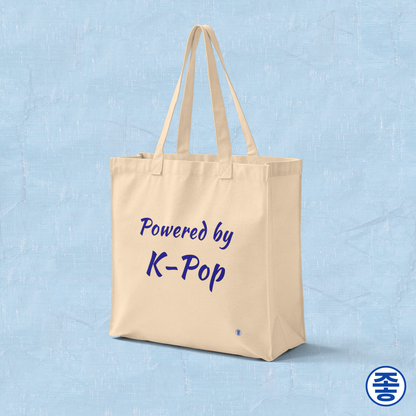 Powered by K-pop fan beige canvas tote bag for photocard trading events by Kjota