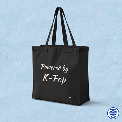 Powered by K-pop fan black canvas tote bag for photocard trading events by Kjota