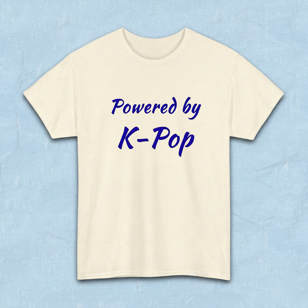 Powered by K-pop apparel for Kfans beige t-shirt flatlay by Kjota