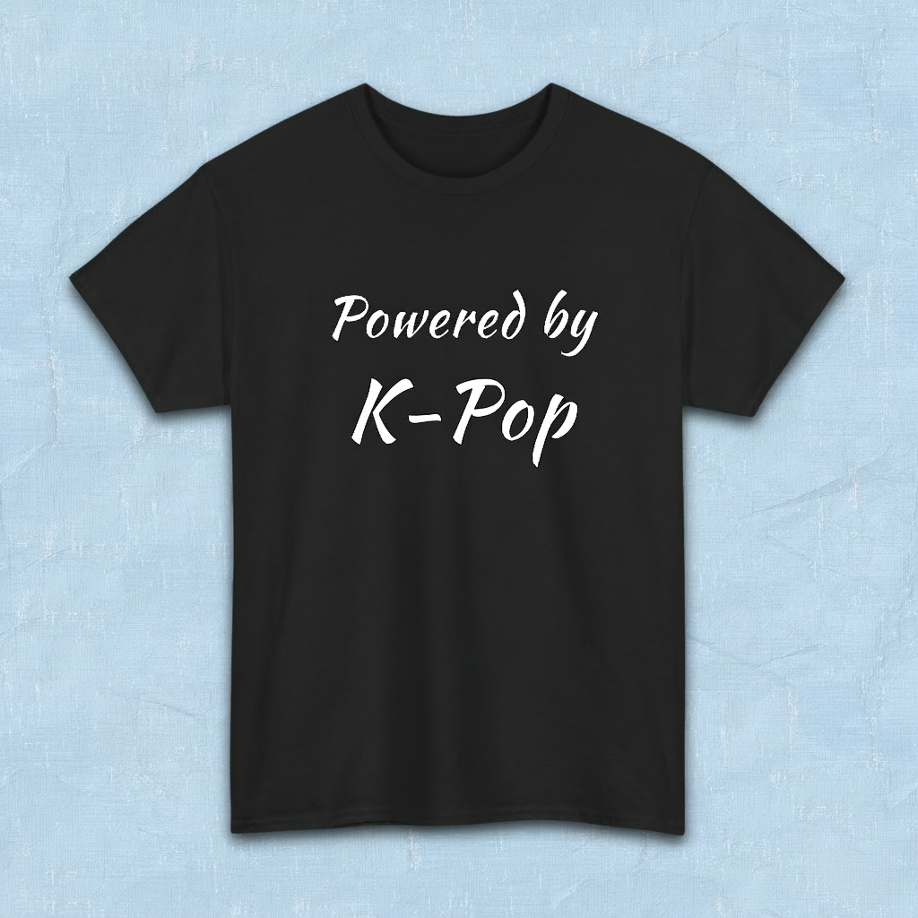 Powered by K-pop apparel for Kfans black t-shirt flatlay by Kjota